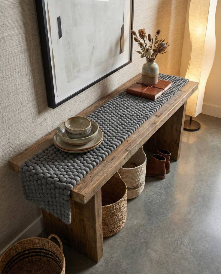 Detail image of 1' 2 x 8' Hand Woven Felt Ball Wool Table Runner Rug