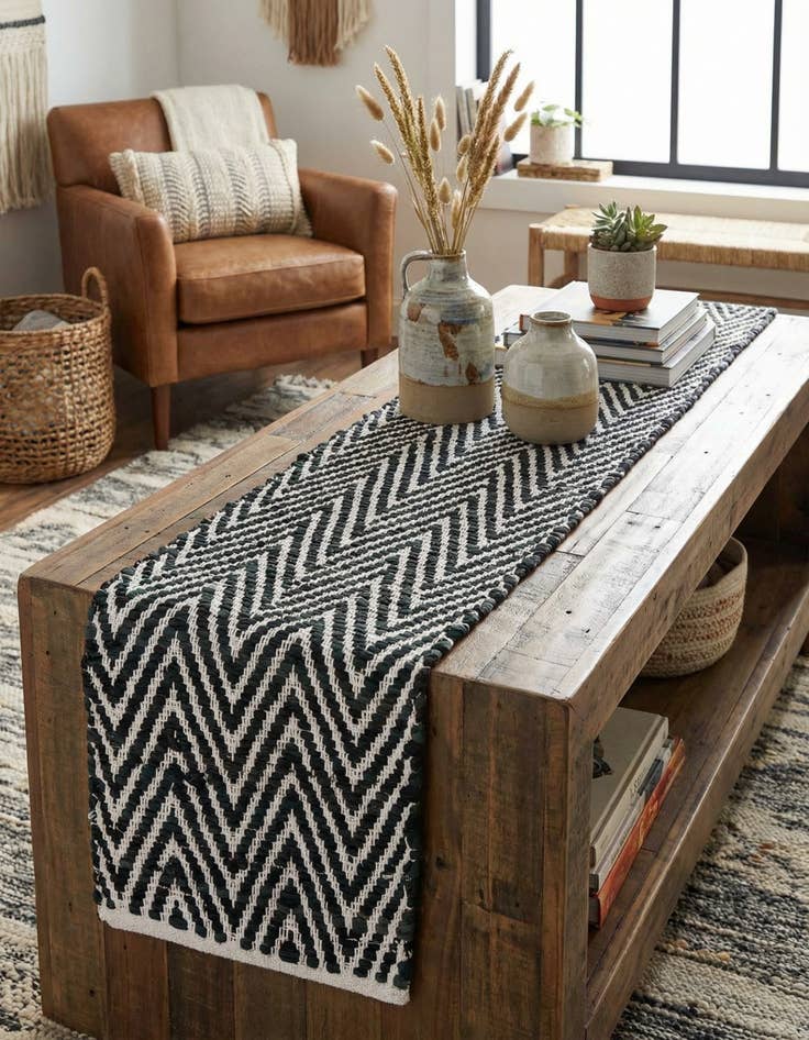 Detail image of 1' 2 x 6' 1 Hand Woven Chindi Chevron Table Runner Rug