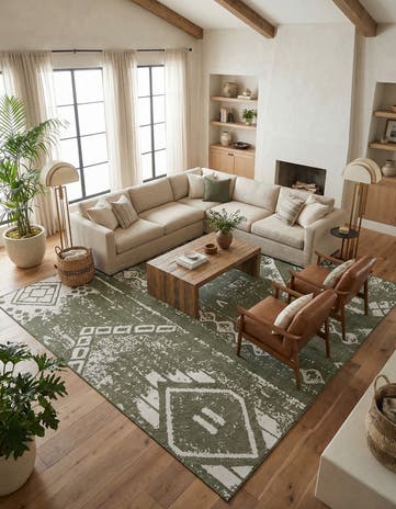 Green Easy-Clean Bohemian Indoor / Outdoor Square Rug