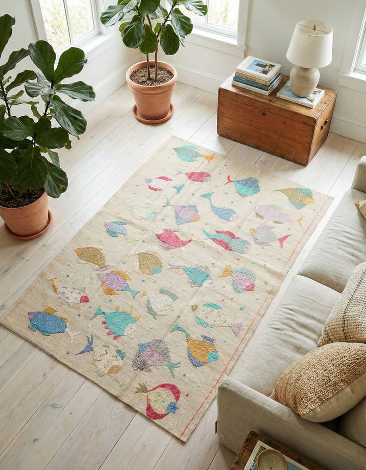 Detail image of 4' 2 x 5' 10 Hand Woven Kilim Suzani Wool Rug