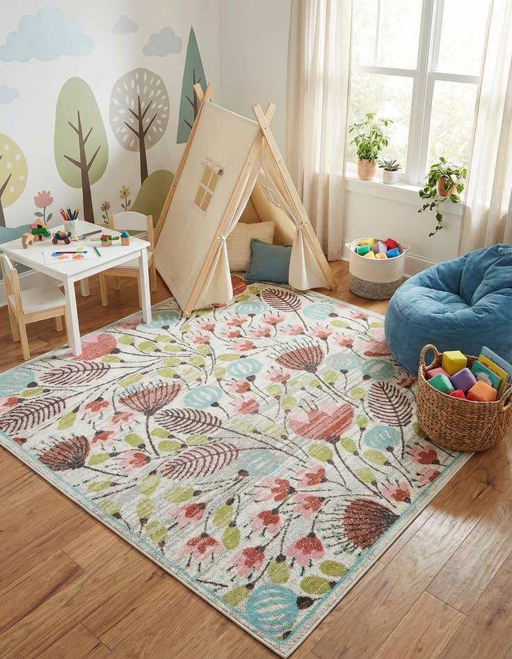 Detail image of 7' 10 x 7' 10 Flowers Whimsy Kids Square Rug