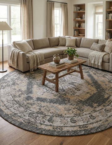 Charcoal Easy-Clean Traditional Indoor / Outdoor Round Rug