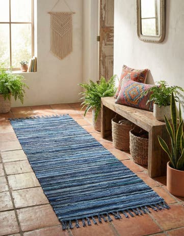 Navy Blue Hand Woven Chindi Cotton Runner Rug