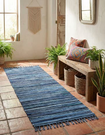 Navy Blue Hand Woven Chindi Cotton Runner Rug