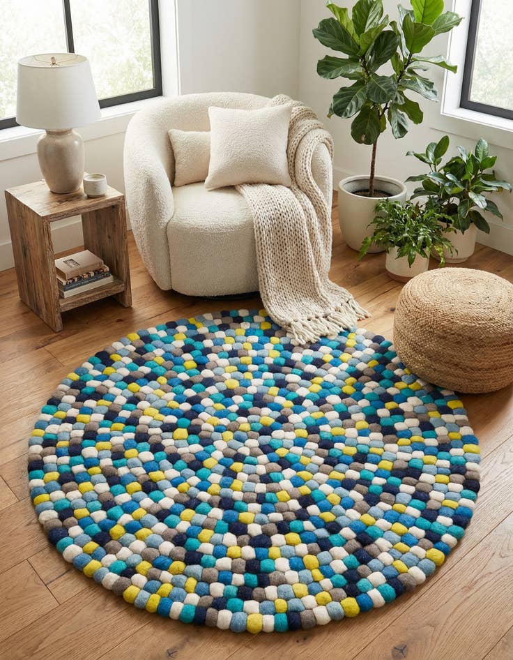 Detail image of 4' 1 x 4' 1 Hand Woven Felt Ball Wool Round Rug