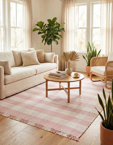 Pink Easy-Clean Eco Plaid Washable Indoor / Outdoor Rug
