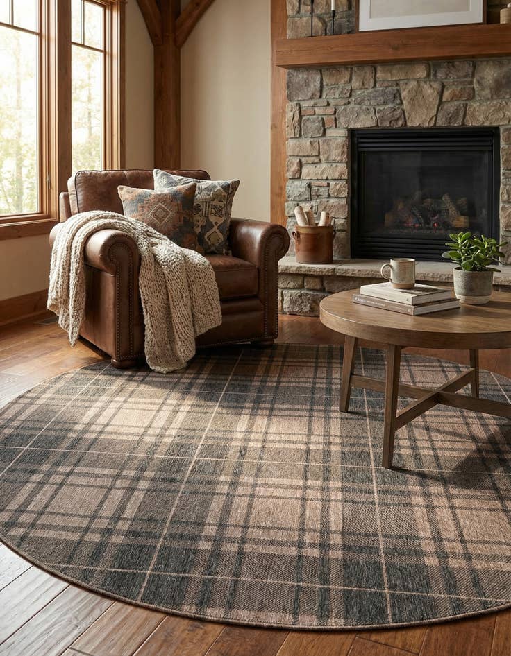 Detail image of 10' x 10'  Washable Checkered Indoor / Outdoor Round Rug