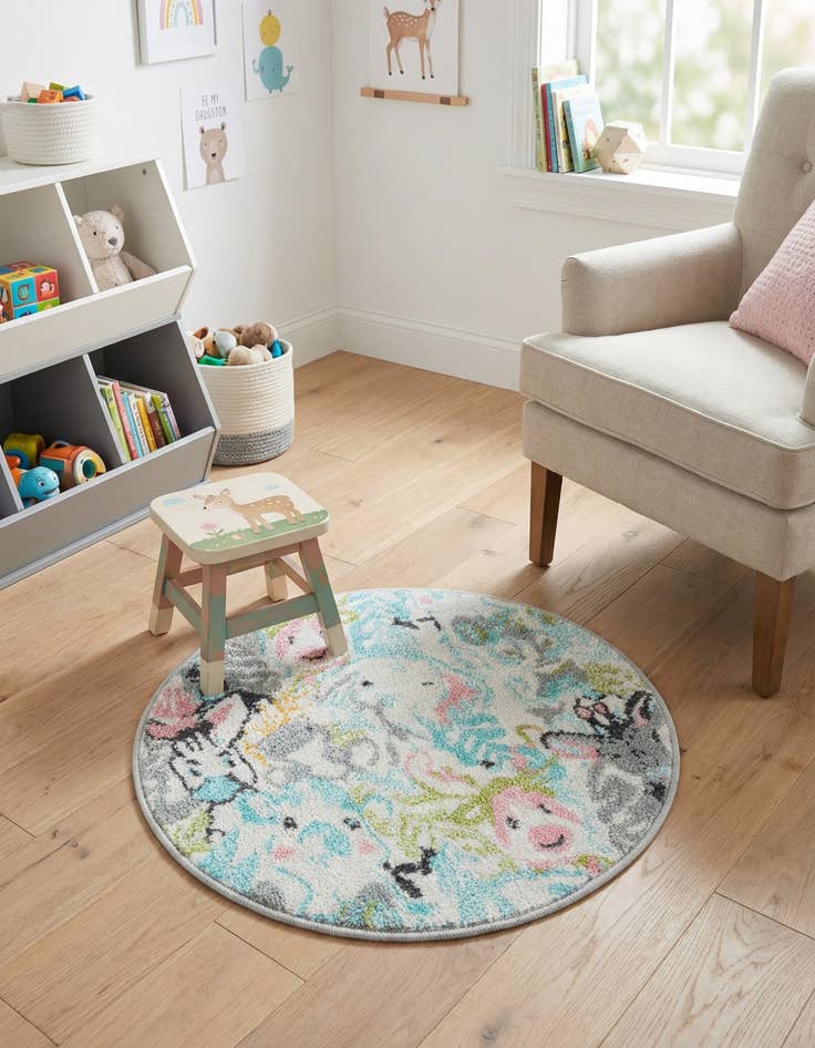 Detail image of  2' 2 x 2' 2 Animals Whimsy Kids Round Rug