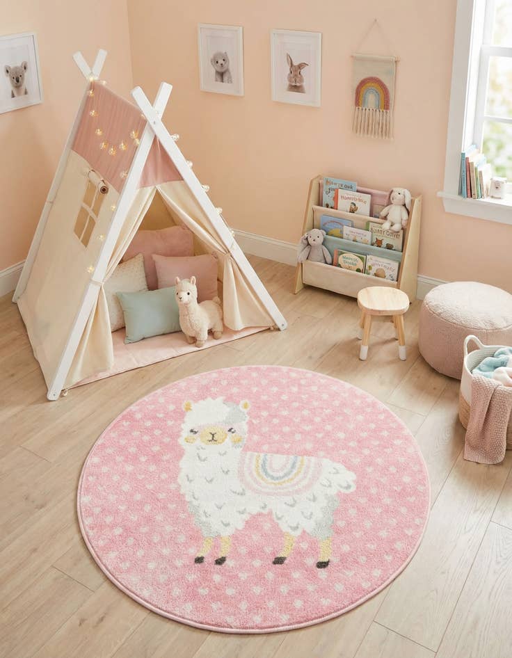 Detail image of  3' 3 x 3' 3 Llama Whimsy Kids Round Rug