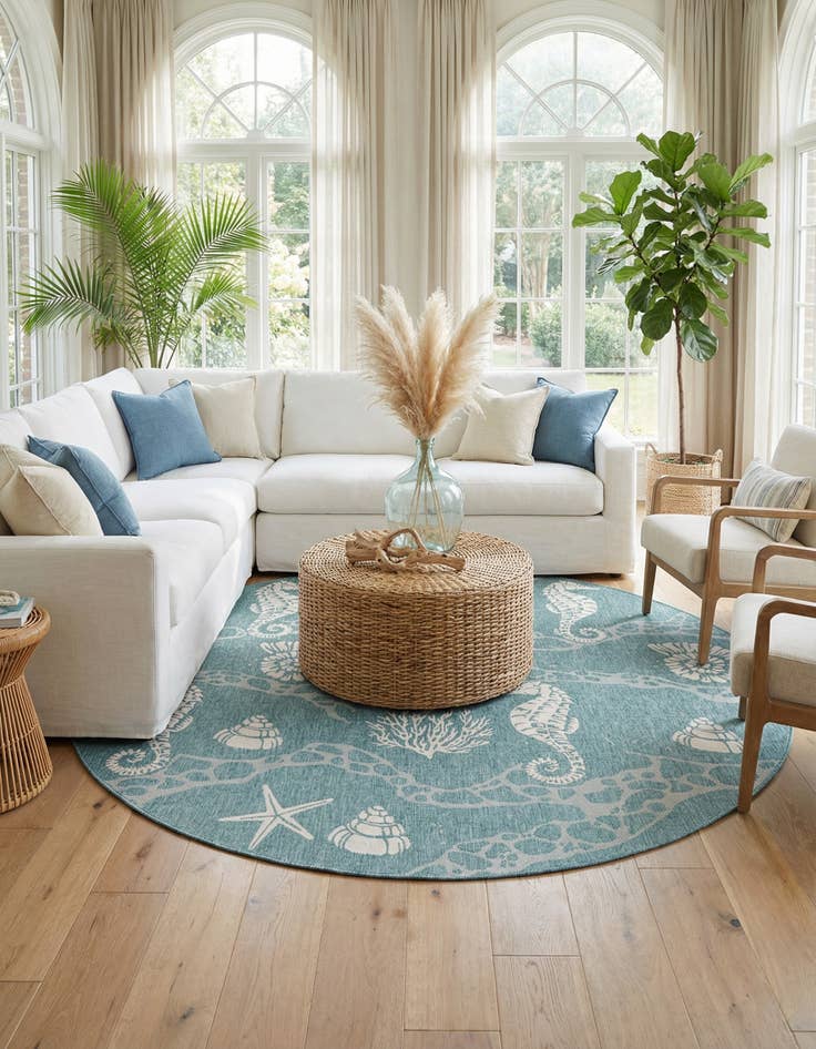 Detail image of 10' x 10'  Washable Coastal Indoor / Outdoor Round Rug
