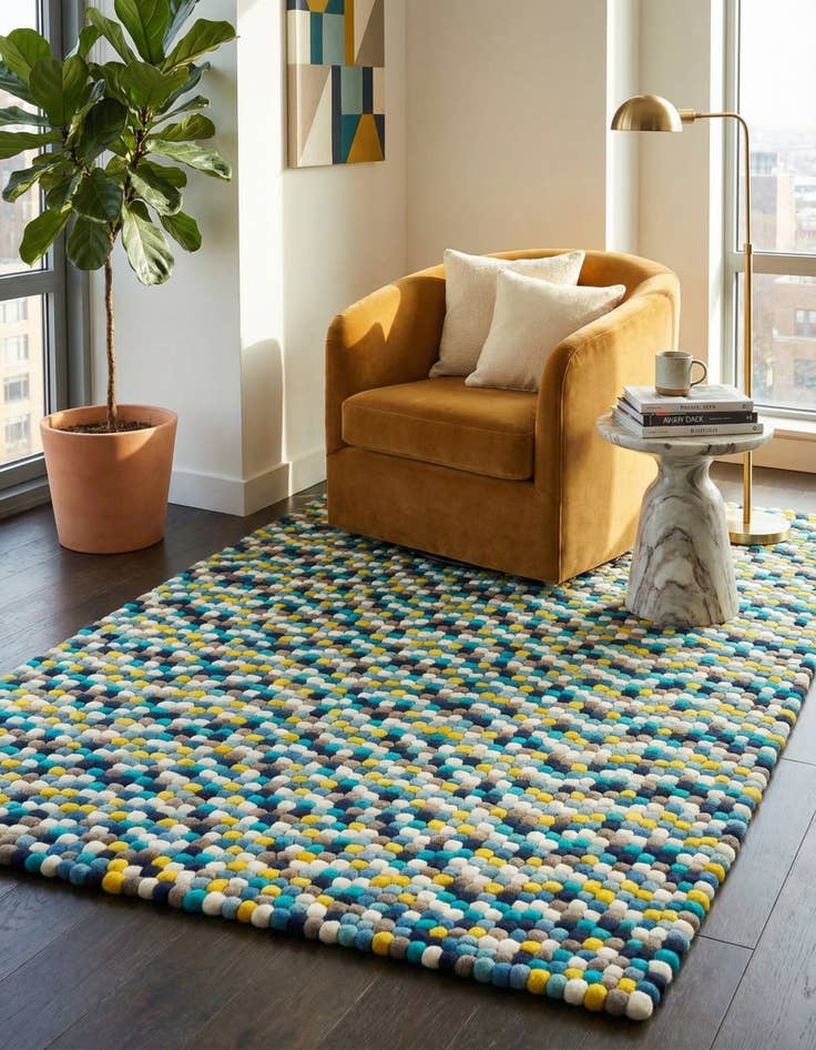 Detail image of 6' 1 x 9'  Hand Woven Felt Ball Wool Rug