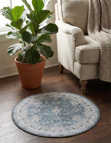 Teal blue Washable Timeless Round Rug