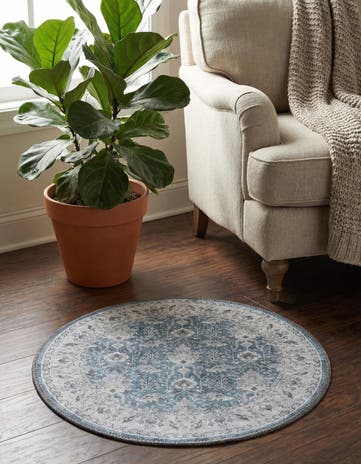 Teal blue Washable Timeless Round Rug