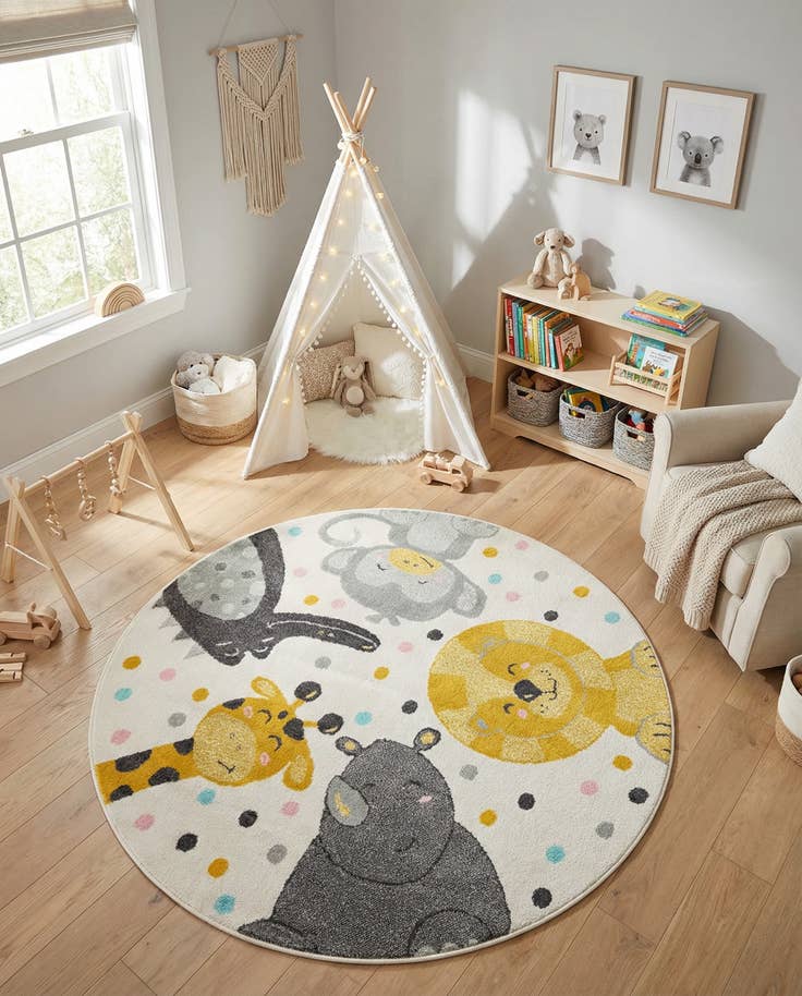 Detail image of 5' 3 x 5' 3 Animals Whimsy Kids Round Rug