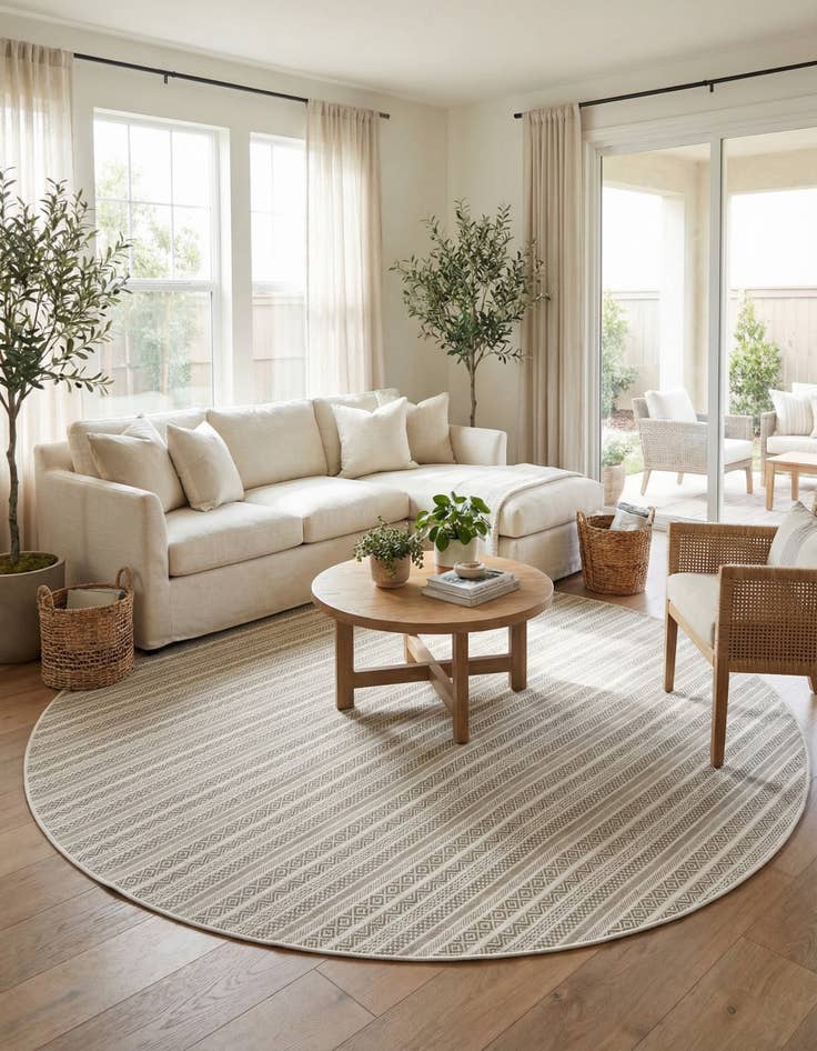 Detail image of 10' x 10'  Washable Striped Indoor / Outdoor Round Rug