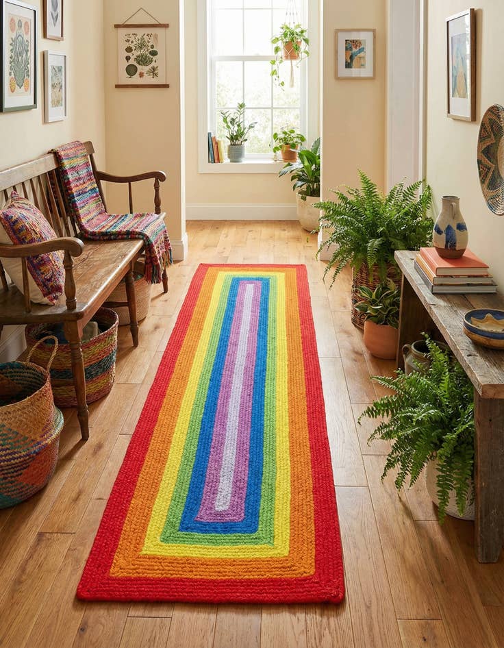 Detail image of 2' x 6' 1 Handmade Hand Braided Rainbow Wool Runner Rug