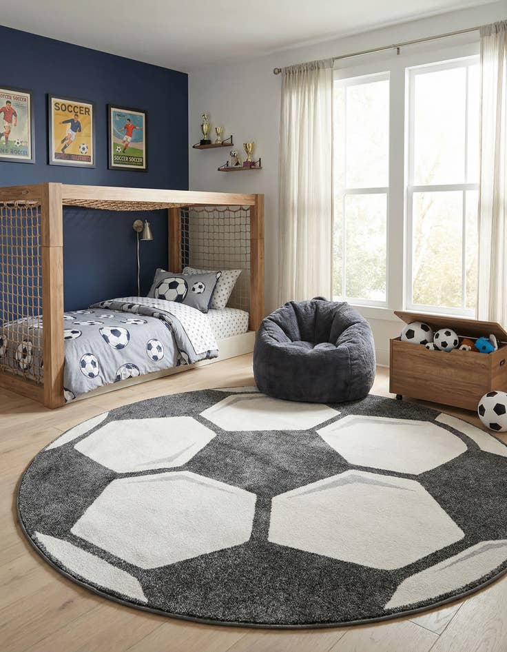 Detail image of 7' 10 x 7' 10 Soccer Ball Whimsy Kids Round Rug