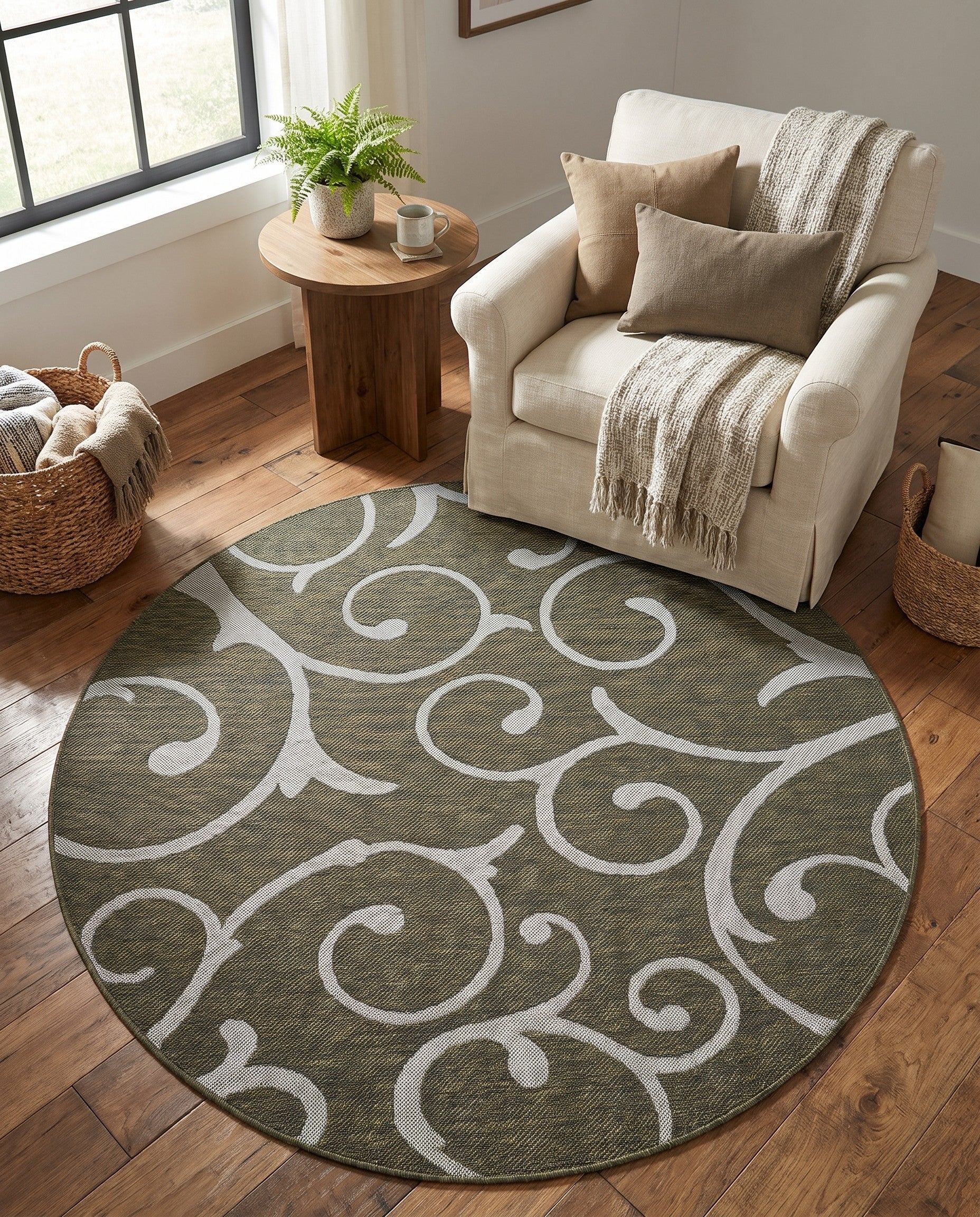 160cm x 160cm Easy-Clean Botanical Indoor / Outdoor Round Rug