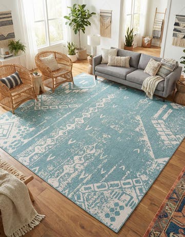 Light Aqua Easy-Clean Bohemian Indoor / Outdoor Square Rug