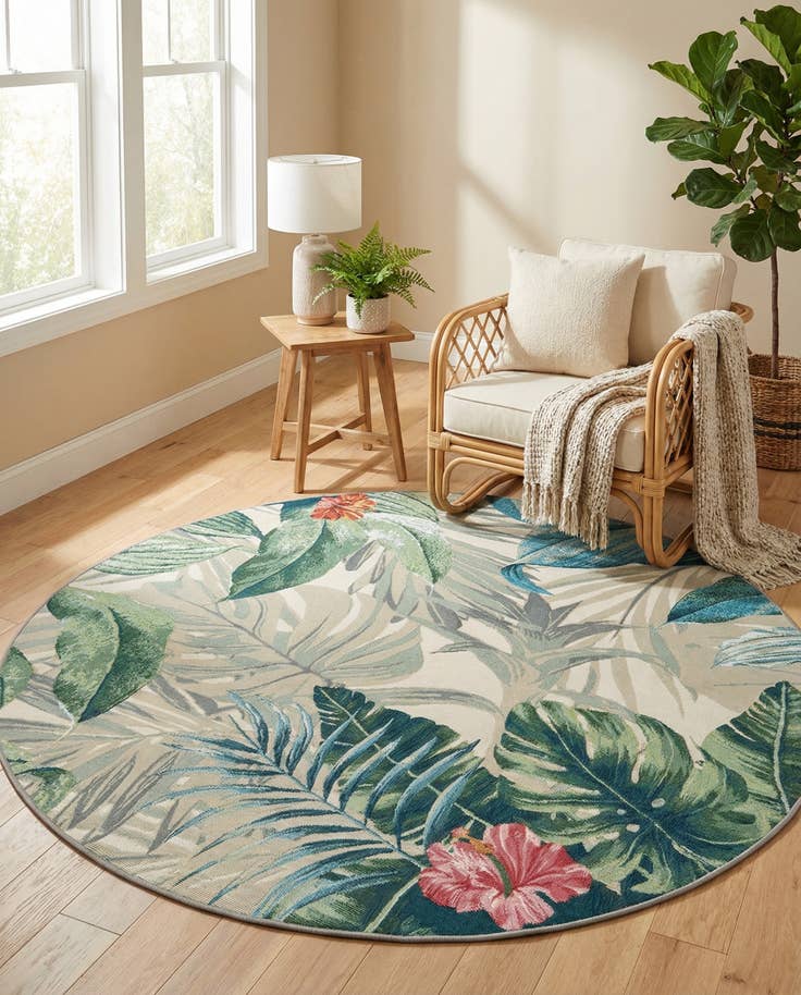 Detail image of 6' x 6' Easy-Clean Botanical Indoor / Outdoor Round Rug