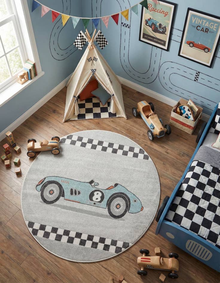 Detail image of 5' 3 x 5' 3 Racecar Whimsy Kids Round Rug