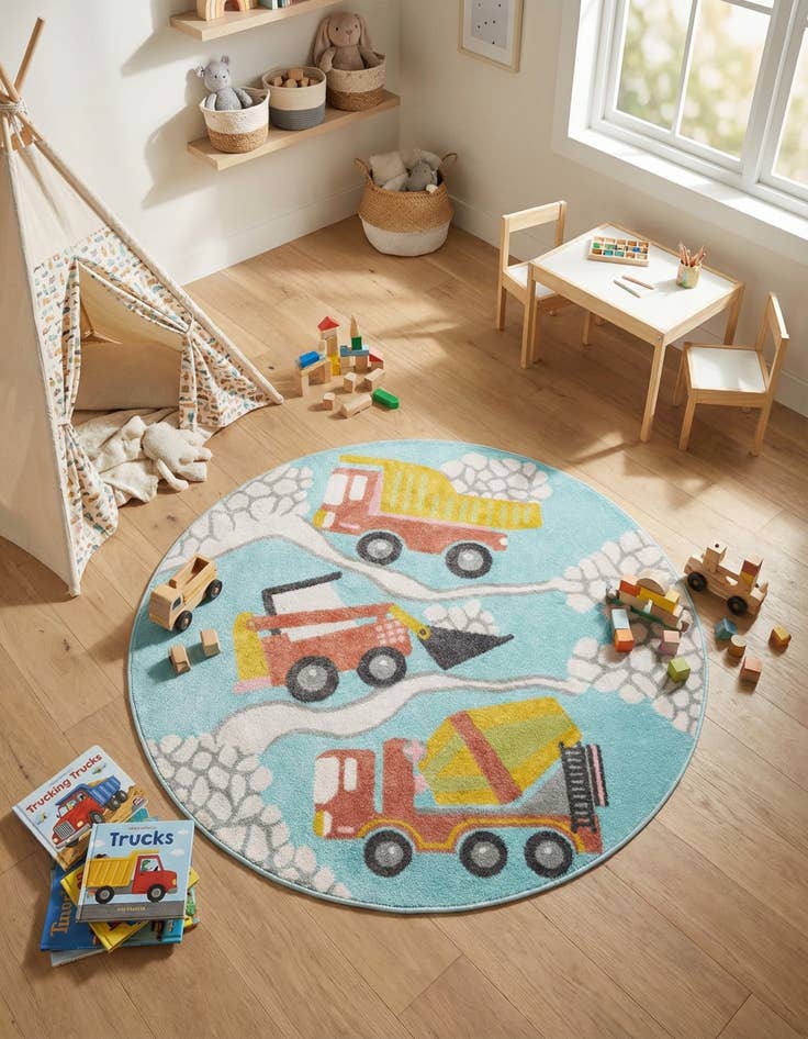 Detail image of 5' 3 x 5' 3 Construction Whimsy Kids Round Rug