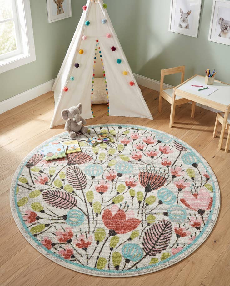 Detail image of 5' 3 x 5' 3 Flowers Whimsy Kids Round Rug
