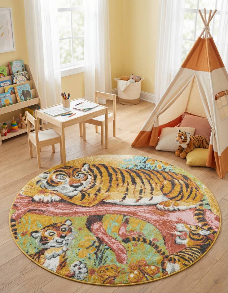Detail image of 5' 1 x 5' 1 Tiger Whimsy Kids Round Rug