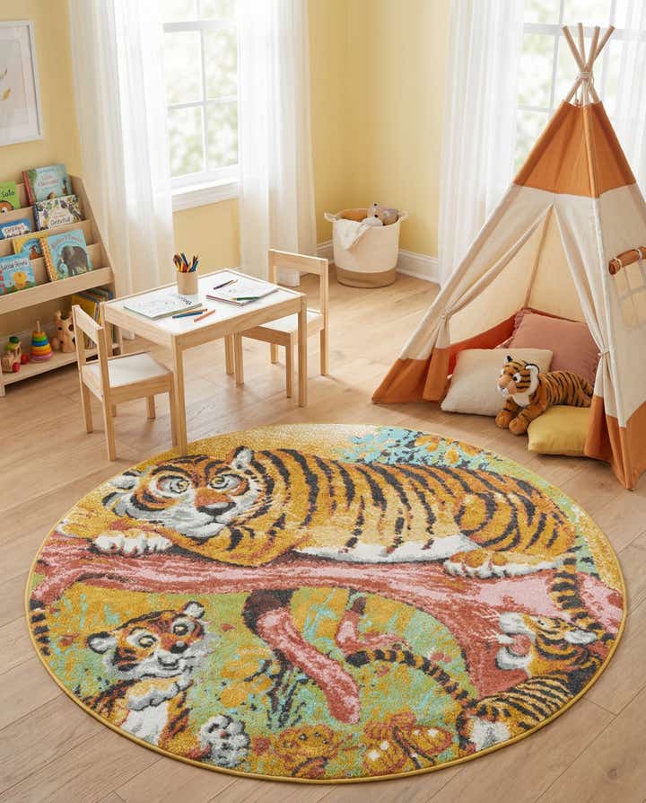 5' 1 x 5' 1 Tiger Whimsy Kids Round Rug