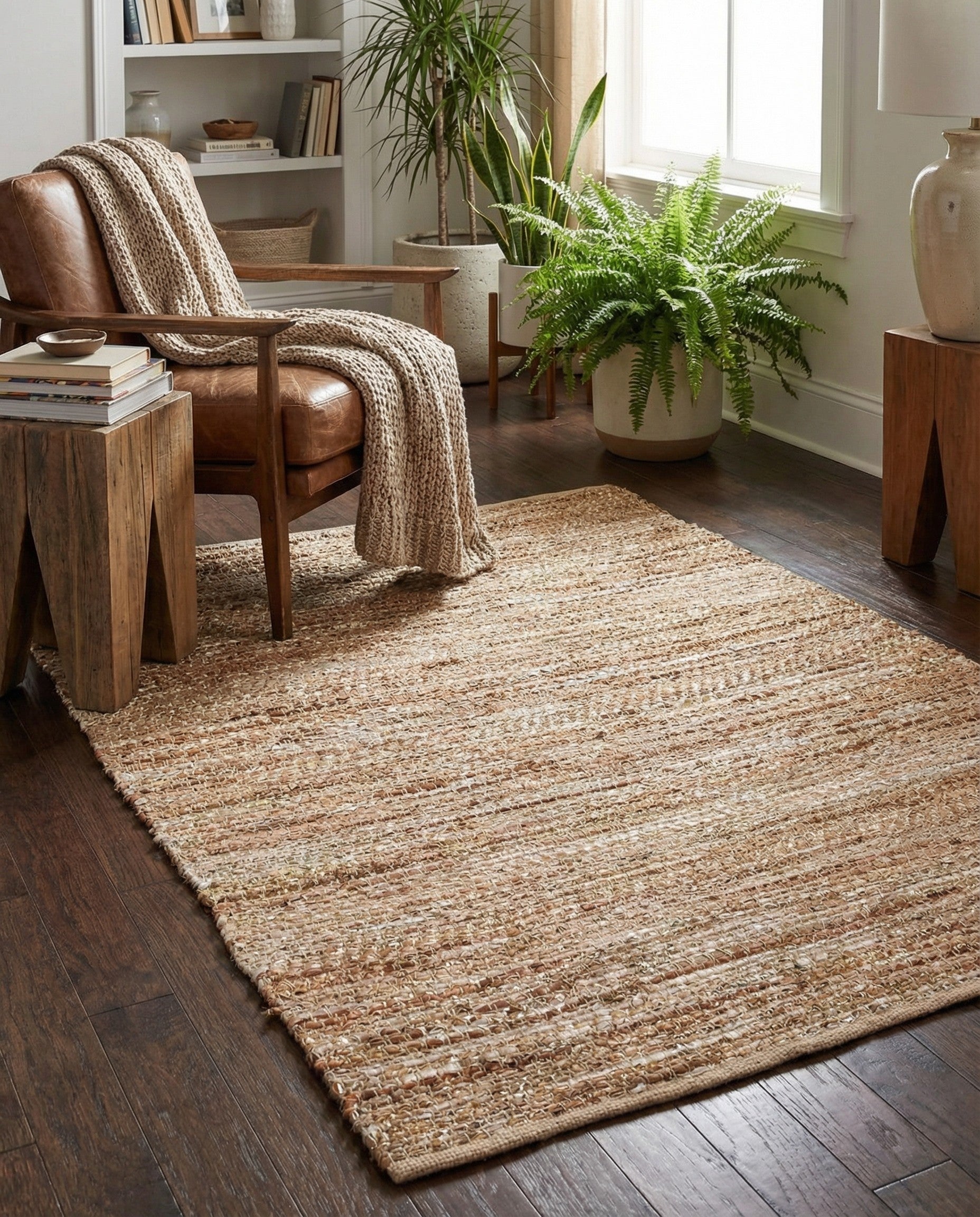 4' 1 x 6' 1 Hand Woven Leather Metallic Jute Rug