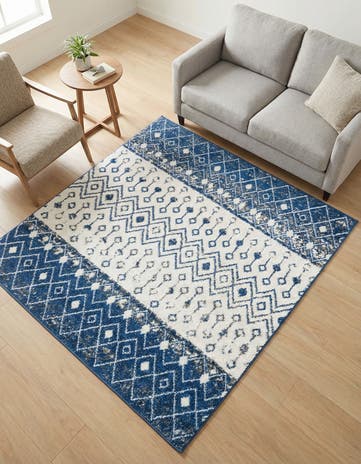 Ivory Navy Blue Moroccan Trellis Square Rug