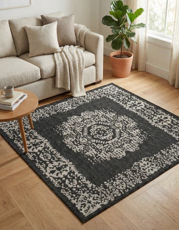 Charcoal Gray Easy-Clean Traditional Indoor / Outdoor Square Rug