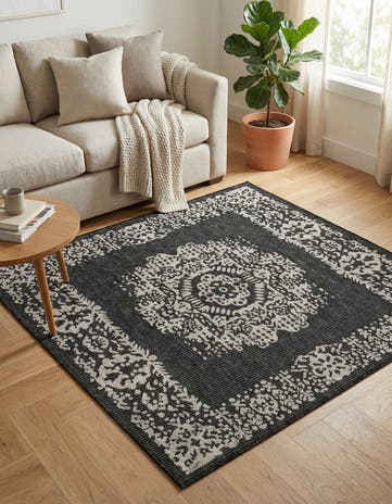 Charcoal Gray Easy-Clean Traditional Indoor / Outdoor Square Rug