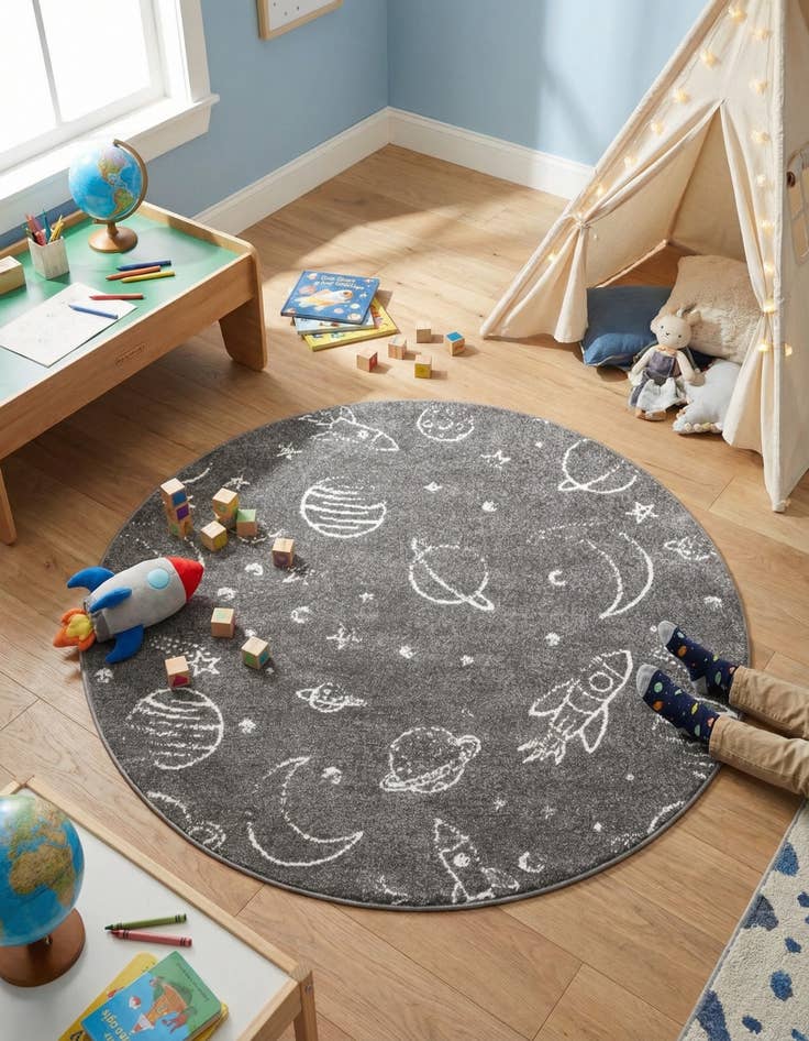 Detail image of 5' 3 x 5' 3 Planets Whimsy Kids Round Rug