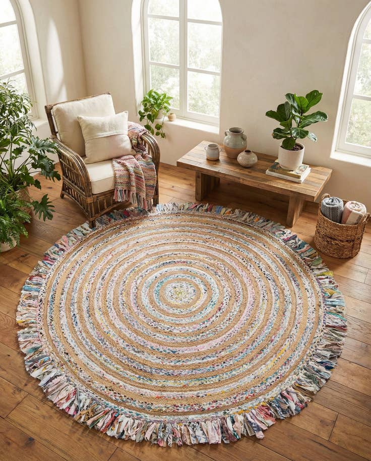 Detail image of 7' 10 x 7' 10 Hand Braided Chindi Jute Round Rug