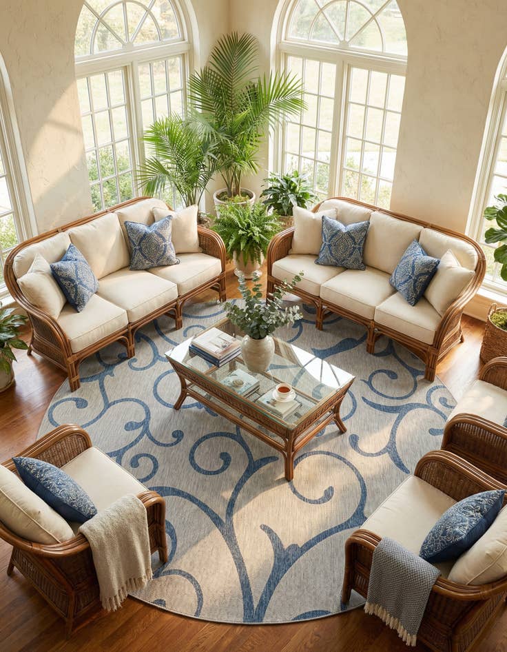 Detail image of 13' x 13' Easy-Clean Botanical Indoor / Outdoor Round Rug