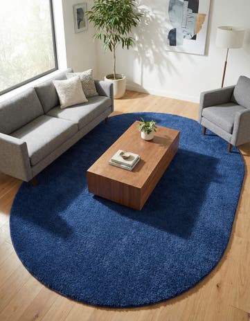 Navy Blue Solid Frieze Oval Rug