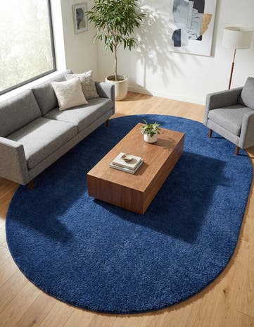Navy Blue Solid Frieze Oval Rug