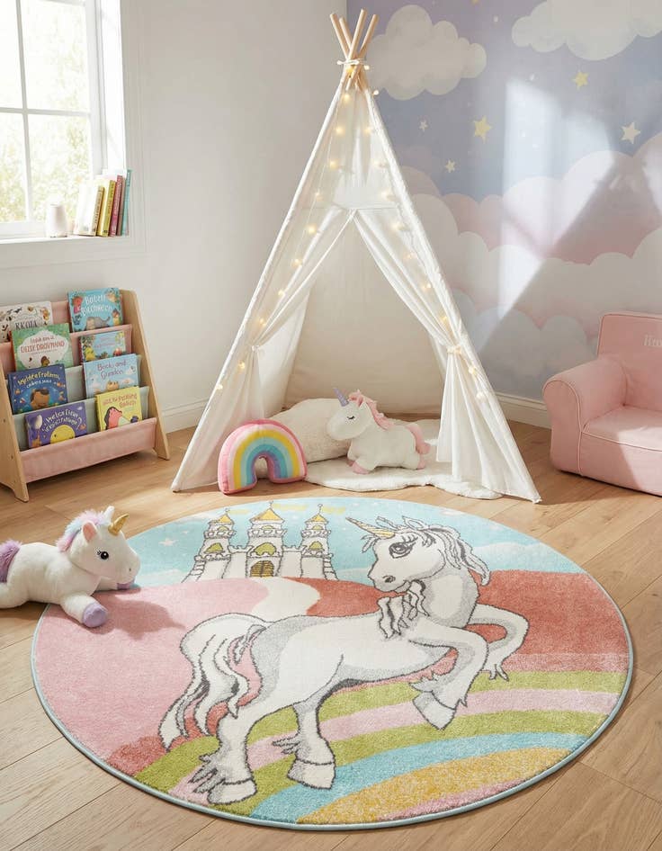 Detail image of 5' 3 x 5' 3 Unicorn Whimsy Kids Round Rug