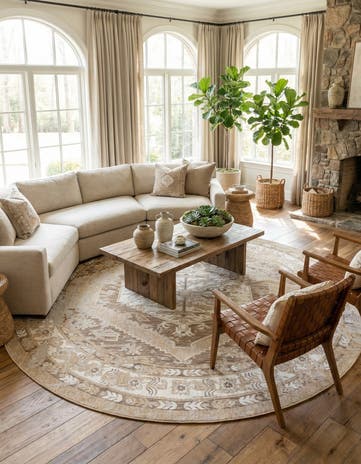 Natural Easy-Clean Traditional Indoor / Outdoor Round Rug