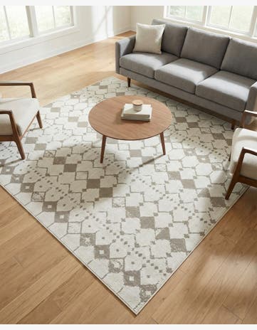 Ivory and Gray Easy-Clean Lattice Indoor / Outdoor Square Rug