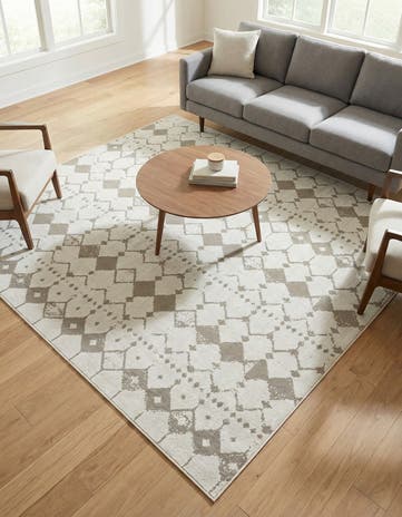 Ivory and Gray Easy-Clean Lattice Indoor / Outdoor Square Rug