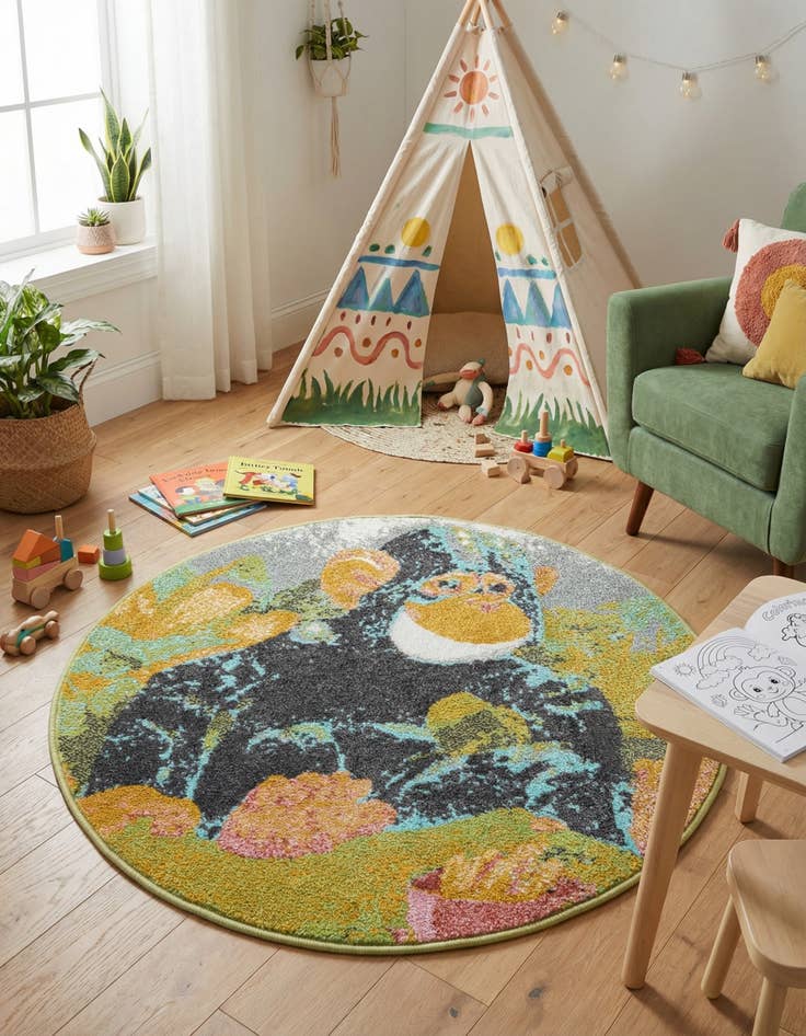 Detail image of 3' 3 x 3' 3 Gorilla Whimsy Kids Round Rug