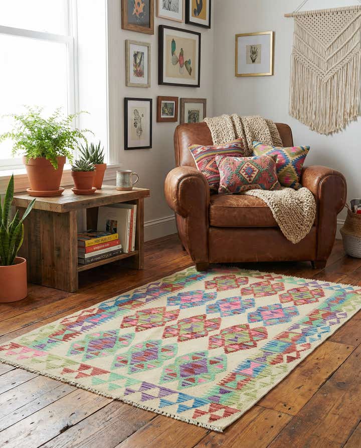 3' 2 x 4' 10 Hand Woven Kilim Maymana Wool Rug
