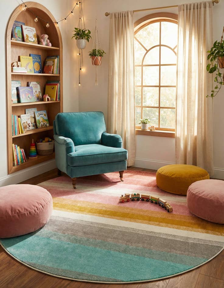 Detail image of 7' 10 x 7' 10 Rainbow Stripes Whimsy Kids Round Rug