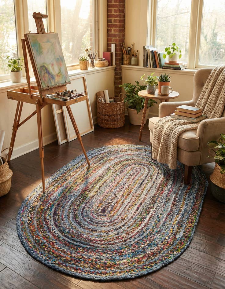 Detail image of 5' 1 x 8'  Hand Braided Chindi Oval Rug