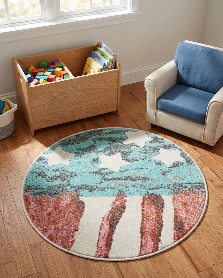 Detail image of 3' 3 x 3' 3 American Flag Whimsy Kids Round Rug