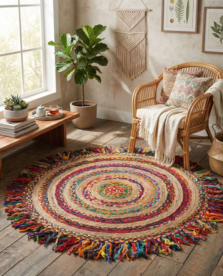 4' 1 x 4' 1 Hand Braided Chindi Jute Round Rug