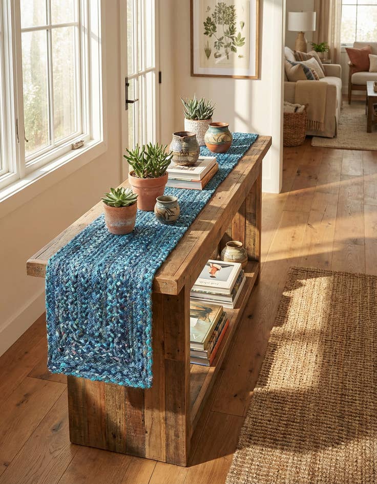 Detail image of 1' 2 x 10' Handmade Braided Chindi Table Runner Rug