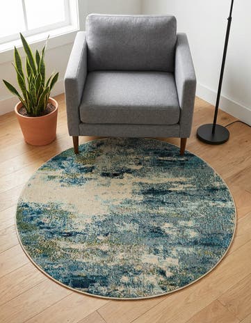 Light Blue Washable Theia Round Rug